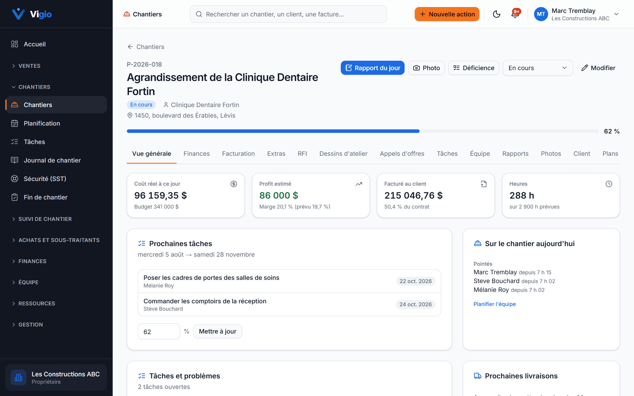 Fiche d'un chantier dans Vigio : coût réel, profit estimé, facturation, heures et équipe sur place