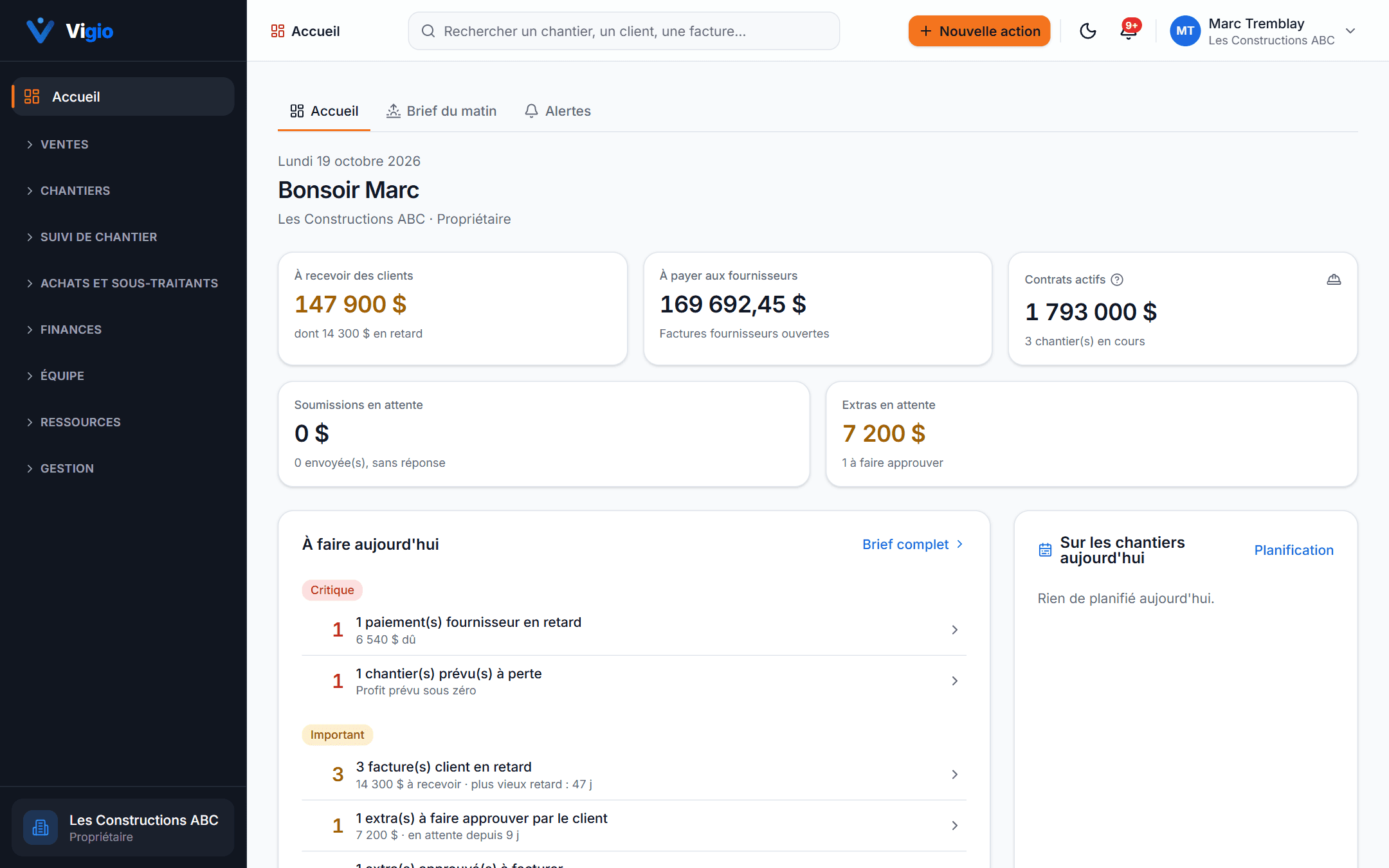 Tableau de bord de Vigio : sommes à recevoir et à payer, contrats actifs, extras en attente et tâches du jour